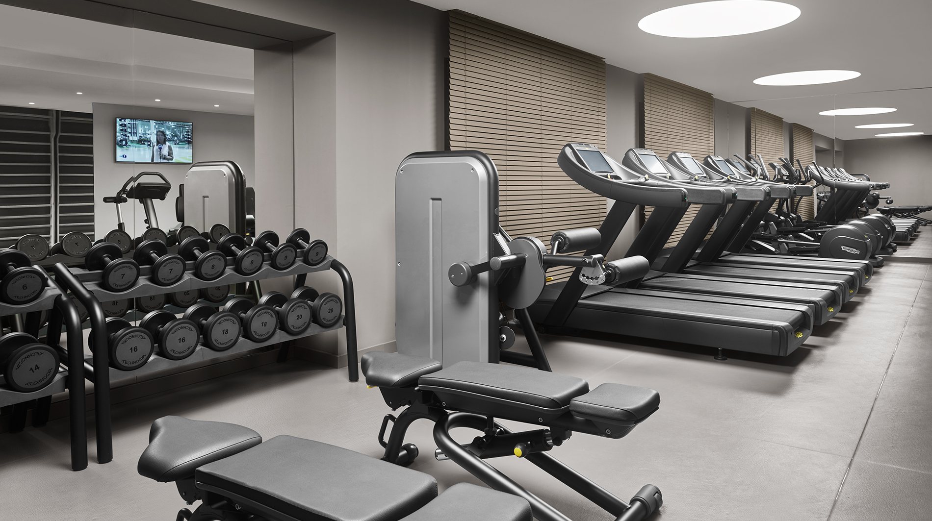 The gym floor with a row of treadmills, dumbbell rack and training benches